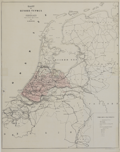 29135 Kaart van Nederland met aanduiding van de plaatsen waar tussen 10 augustus 1865 en 5 mei 1866 rundertyfus is ...